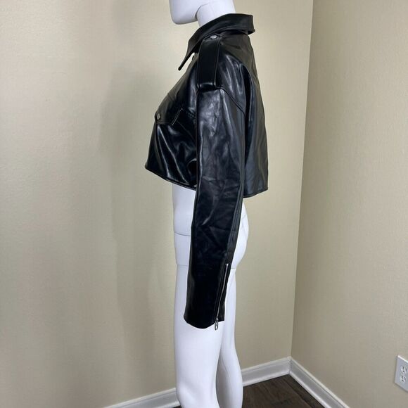 Zara Women's Size L Black Faux Leather Cropped NEW Jacket Boxy Blogger Moto Punk - Picture 14 of 17